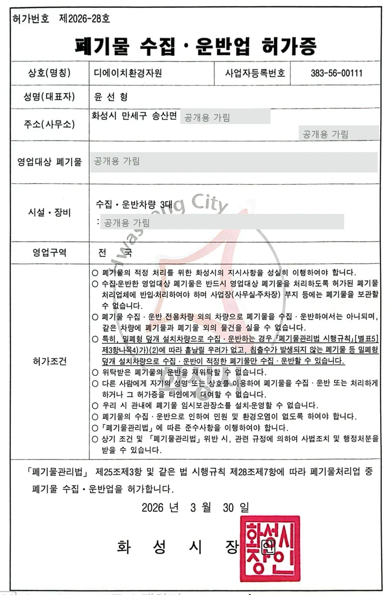 화성시장 발급 폐기물 수집·운반업 허가증, 주소 일부와 영업 대상 칸은 가림